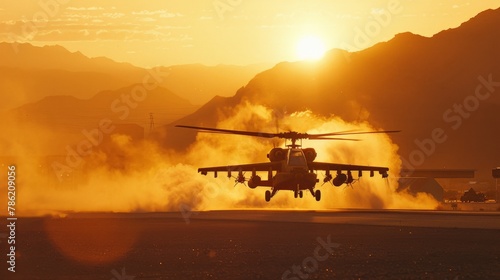 A dramatic scene as the Apache takes off from a military base, dust and debris swirling around it, the sun setting behind the mountains creating a silhouette that speaks to its formidable nature. photo