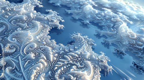 Crystal blue and frost white fractals on midnight blue canvas evoke icy northern landscapes.