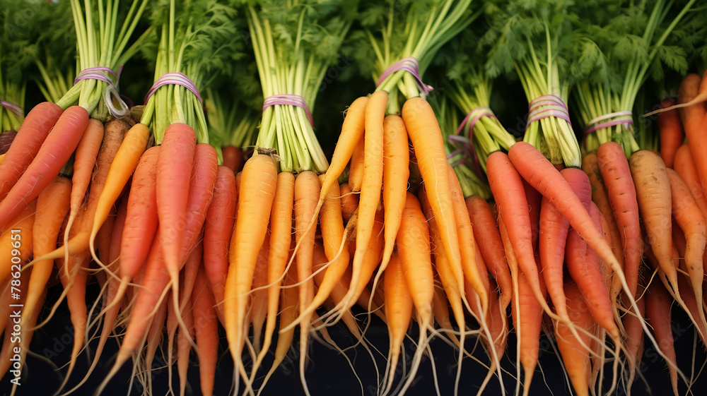 fresh carrots with herbs, vegetable background, collective farm market fresh carrots with herbs, vegetable background, collective farm market