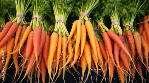 fresh carrots with herbs, vegetable background, collective farm market