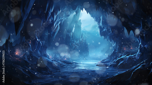 icy world, twilight in a frozen world among icy rocks snowfall, abstract cold blue landscape mountains © kichigin19