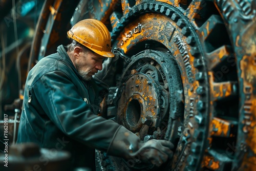 A man in a hard hat is working on a large, rusty machine.
