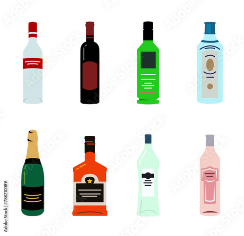 Drinks icons set. Set of bottles with alcohol drinks. Whiskey, vodka, cognac, wine, beer, absinthe, tequila, champagne and vermouth. Flat style icons