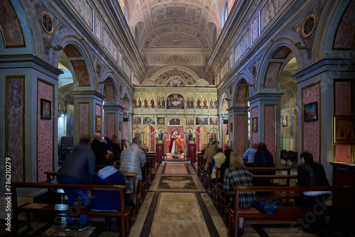 Easter mass at Biserica San Salvatore alle Coppelle, Romanian medieval church in Rome, Italy