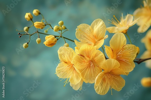 Close shot of Cassia Fistula flower hanging on tree with a clean dark green backdrop for text or product advertisement  Generative AI.