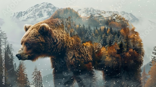 Grizzly bear double exposure design with mountain forest nature background