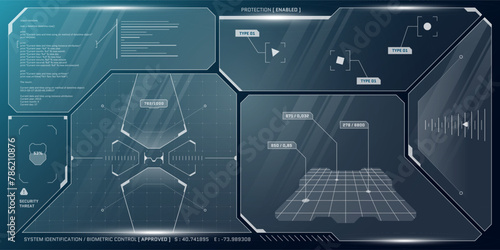 VR HUD futuristic control panel. Technology head up display target and command center UI screen. GUI digital virtual interface cyberspace hi tech visor template. FUI Sci Fi spaceship cockpit dashboard