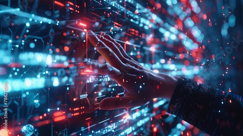 Close-up of a businessman's hands using a futuristic cyber space interface, focusing on finance, AI, and coding in a digital world