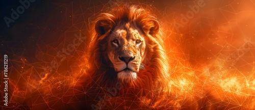 Polygonal Majesty: Fiery Lion Essence. Concept Animal Portraits, Dramatic Lighting, Bold Colors