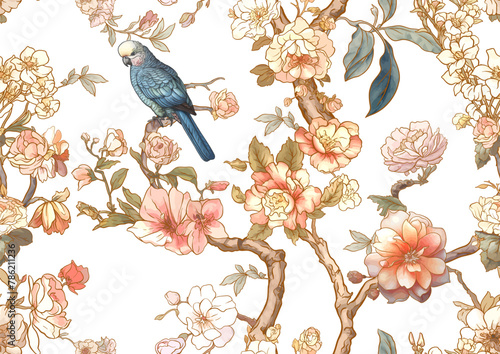 Blossom trees with sparrow and parrots Seamless pattern, background. Vector illustration. In Chinoiserie, botanical style