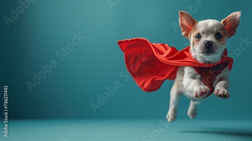 Tiny Chihuahua in red cape soars through sky like superhero © orientka