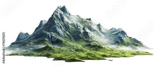 A green mountain isolated on plain white backdrop with a big space for text or product or to convert in transparent background, Generative AI. photo
