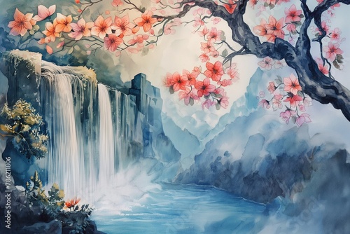 Watercolor of waterfall tree flowers sky scumbling photo