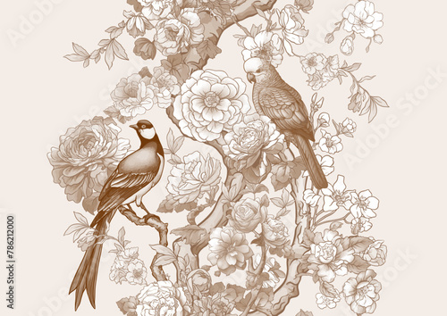 Blossom trees with sparrow and parrots Seamless pattern, background. Vector illustration. In Chinoiserie, botanical style
