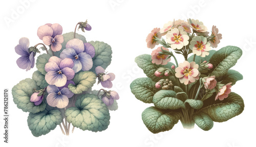 Primrose and forest viola flowers, Vintage botanical