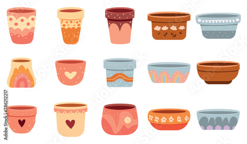 A set of empty flower pots with a vector design illustration highlighted on white, differently colored pots