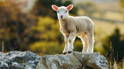 A young sheep standing on a boulder © 2rogan