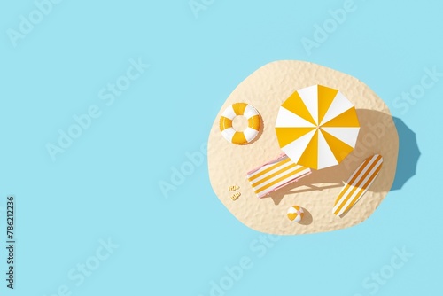 Aerial view of beach chair with umbrella and accessories for active rest on the sandy island. Tropical background for postcard, flyer, poster, promotion of summer goods. 3D illustration, copy space.