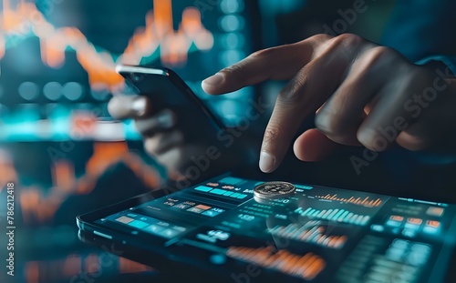 Hands holding and pointing at digital bitcoin coin with market charts on mobile phone, symbolizing cryptocurrency trading