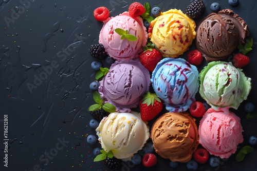 Creative food concept. Row of Scoop balls of colourful flavours gelato sorbet ice cream on dark concrete background with scattered strawberry raspberry blueberries fruits and leaf. Copy text space. 