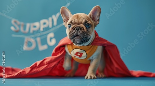 Fawn French Bulldog with wrinkled snout sits on blue surface in red cape photo