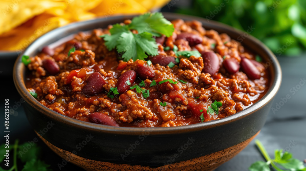 Hearty bowl of Mexican chili con carne garnished with fresh cilantro. Hearty bowl of Mexican chili con carne garnished with fresh cilantro.