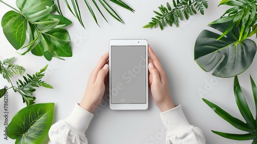 Top view of a hand using a smartphone with a clean white backdrop with glasses and plants with a big space for text or product, Generative AI. photo