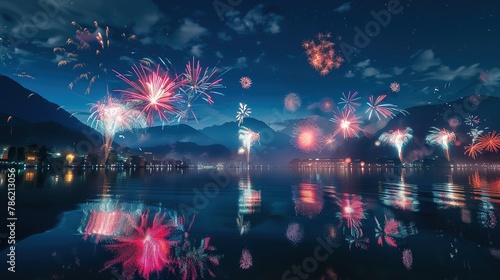 Reflections of bursting fireworks shimmering on the surface of a tranquil lake, doubling the beauty and splendor of the pyrotechnic display at a lakeside firework event. photo