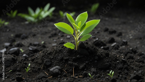 A small plant is being planted in the soil with a small shovel photo