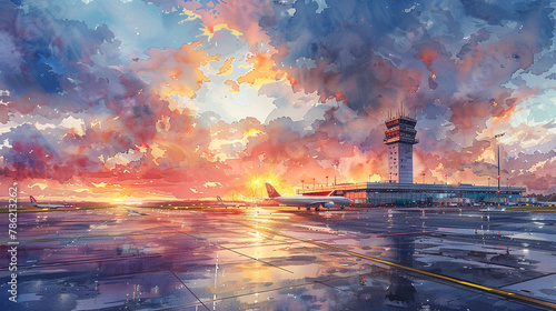 illustration of airport painted with watercolors