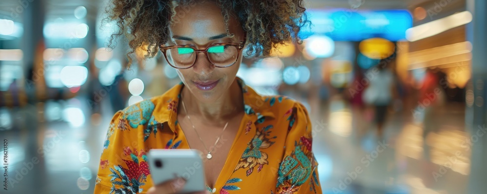 Obraz premium happy woman in bright comfy summer clothes in the airport using smartphone. ai generated