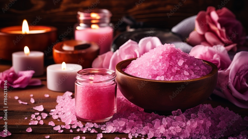 Relaxing spa ambiance with rose crystals, sea salt, and candle decor for zen treatment Relaxing spa ambiance with rose crystals, sea salt, and candle decor for zen treatment