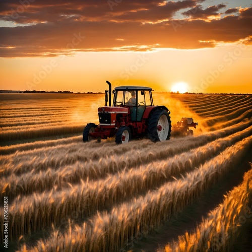 A futuristic Techno Machinery tractor logo.a 1960s Massey Ferguson tractor driving through a field of tall wheat at sunset, 16kPhoto of the most beautiful woman in history, soft smirk, Portra 400a 196 photo