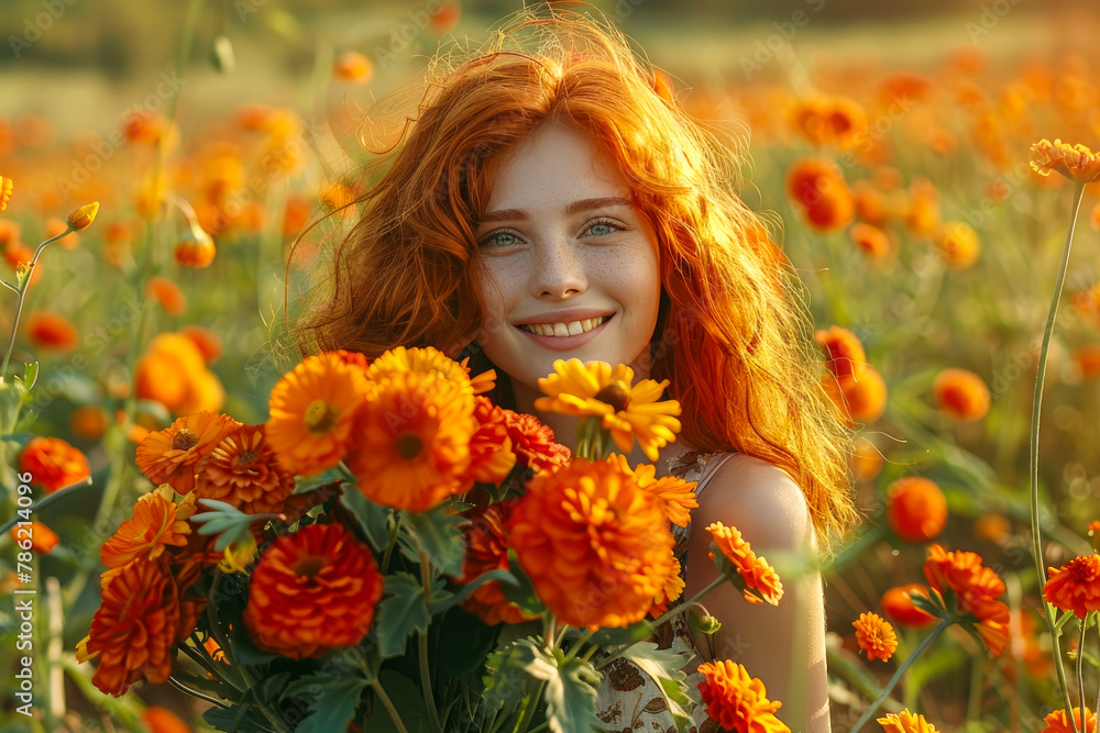portrait of a happy, smiling, red-haired woman with freckles and long hair with a large bouquet of orange flowers against the backdrop of a large flowering field