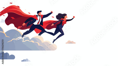Super hero business man woman in red capes flying 