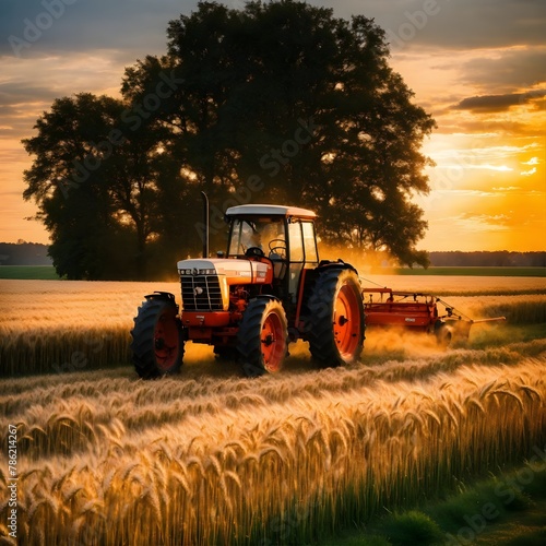 A futuristic Techno Machinery tractor logo.a 1960s Massey Ferguson tractor driving through a field of tall wheat at sunset, 16kPhoto of the most beautiful woman in history, soft smirk, Portra 400a 196 photo