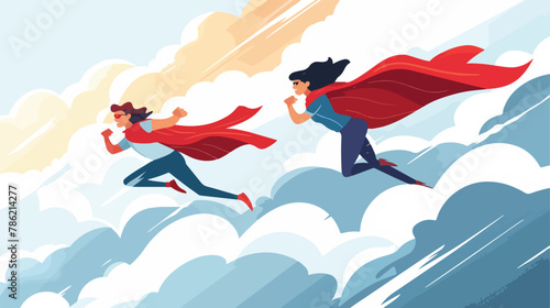 Fototapeta Naklejka Na Ścianę i Meble -  Super hero business man  woman in red capes flying 