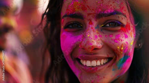 Smiling faces smeared with bright colors, capturing the essence of unity, joy, and togetherness as people come together to celebrate the vibrant festival of Holi.