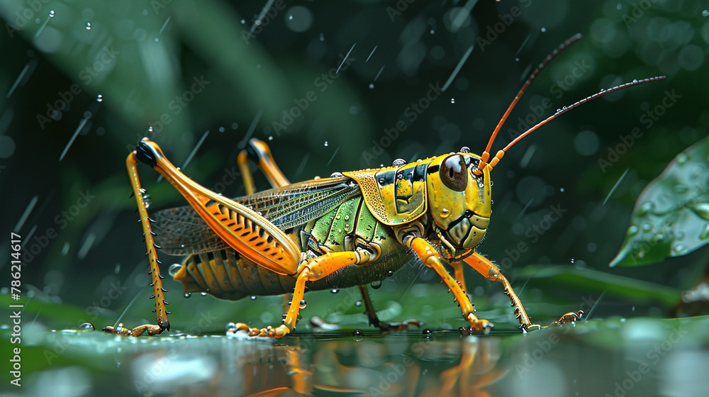 Fototapeta premium illustration of a grasshopper in the rain flat style