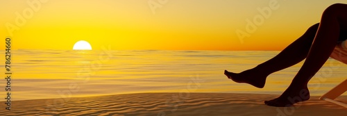 Panoramic view of female legs and feet at ocean coast wave against warm sunrise or sunset sun. Woman barefoot sitting in the beach chair. Travel and tourism concept. 3D illustration, rendering.
