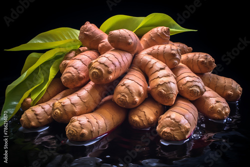 A close up of turmeric roots on a black background with green leaves.