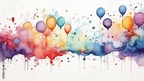 festive watercolor background children's holiday decoration with colorful balloons, greeting postcard abstract photo