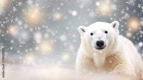 polar bear on Christmas background with lights and blurred bokeh, happy new year letterhead with copy space