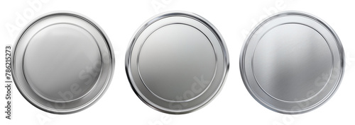 Set of realistic blank silver coins or medals isolated on white, empty metallic token template