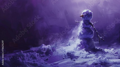 The silhouette of a snowman, barely recognizable as it melts away, a poignant scene on a deep purple background photo