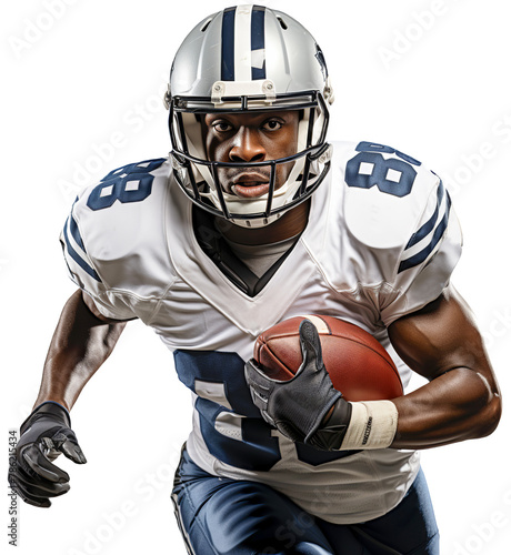 An American football player in a gray helmet and white jersey runs with a ball in his left hand. Isolated on a transparent background