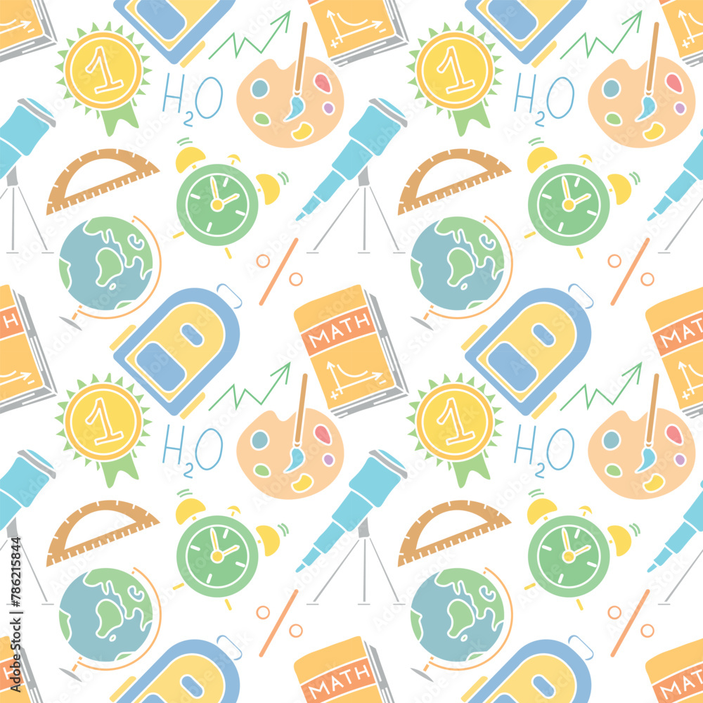 Seamless school pattern. Hand drawn doodle school background. Education illustration