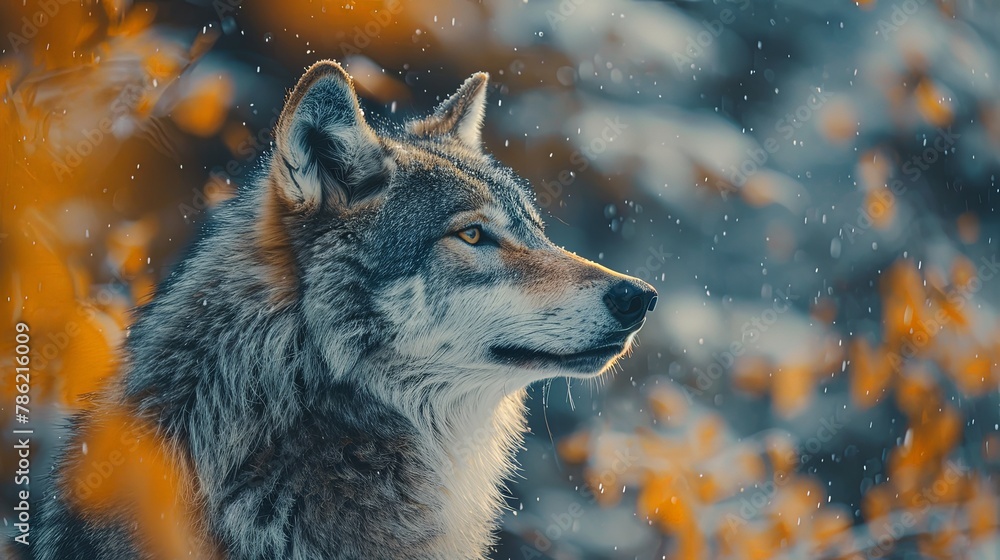 Closeup portrarit of wolf in the mountains standing with forest and cliffs in the background Closeup portrarit of wolf in the mountains standing with forest and cliffs in the background
