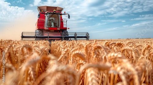 A combine harvester is harvesting wheat in a field under a cloudy sky