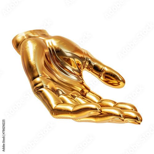 Golden metallic 3d human hand palm isolated on white background, trendy creative design element